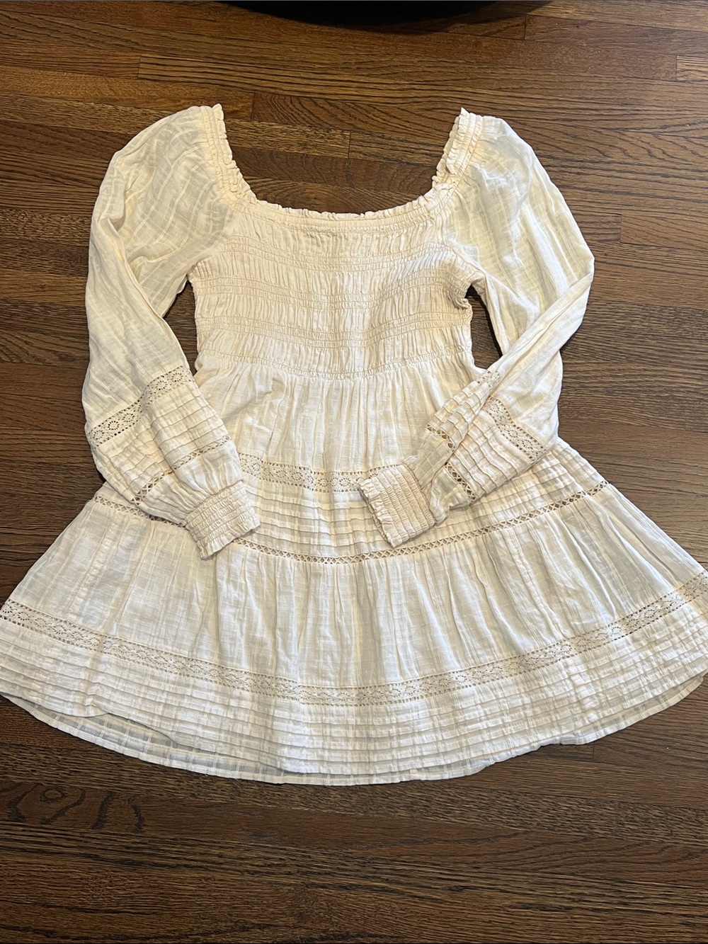 American Eagle Outfitters Cream Smocked Long-Sleeve Tiered Dress